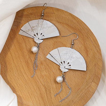 Vintage Carved Fan Folding Fan Pearl Earrings