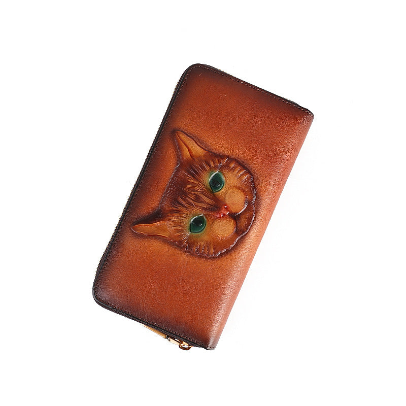 Adiffu New Genuine Leather Cat Embossed Multi-slot Card Bag Clutch Purse