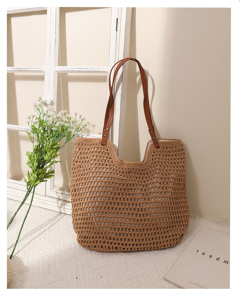 Adiffu Leisure Hollow Single Shoulder Cotton Woven Bag Portable Straw Woven Bag Seaside Holiday Beach Bag Women's Bag