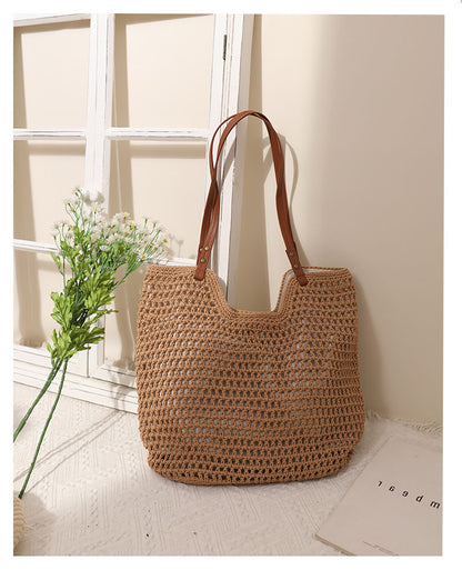 Adiffu Leisure Hollow Single Shoulder Cotton Woven Bag Portable Straw Woven Bag Seaside Holiday Beach Bag Women's Bag