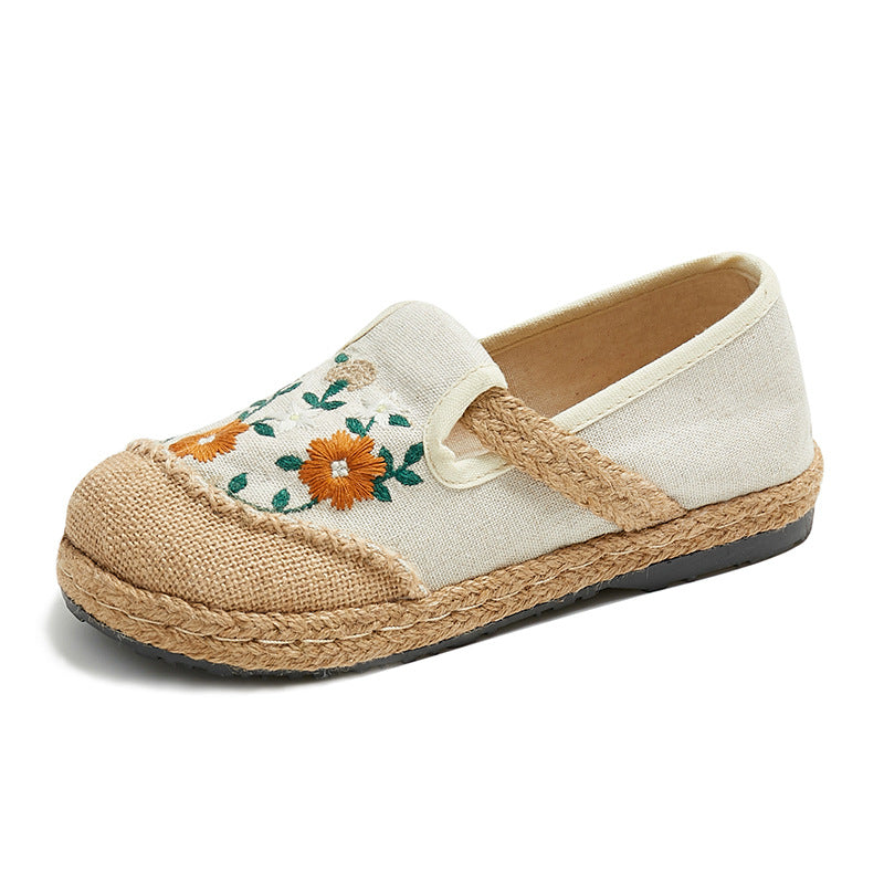 Adiffu Women's Flat Low Top Embroidered Flats Linen Casual Shoes Embroidered Shoes
