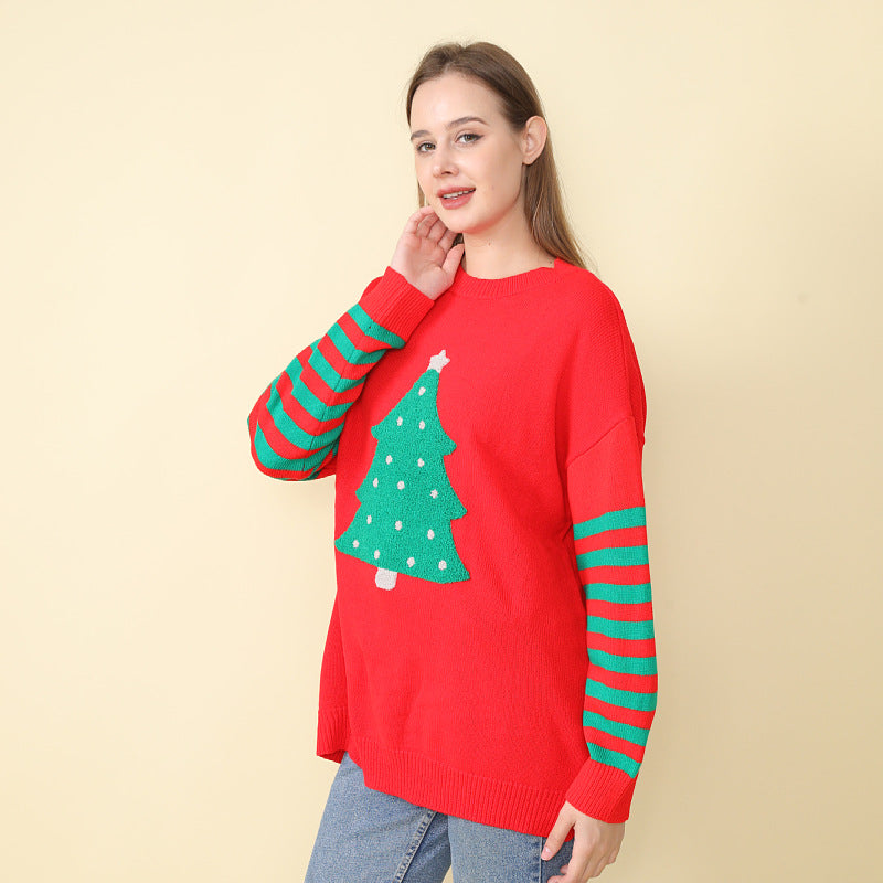 Adiffu Christmas Tree Crew Neck Pullover Knit Top