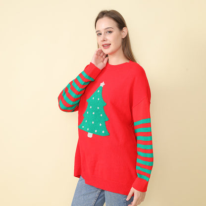 Adiffu Christmas Tree Crew Neck Pullover Knit Top