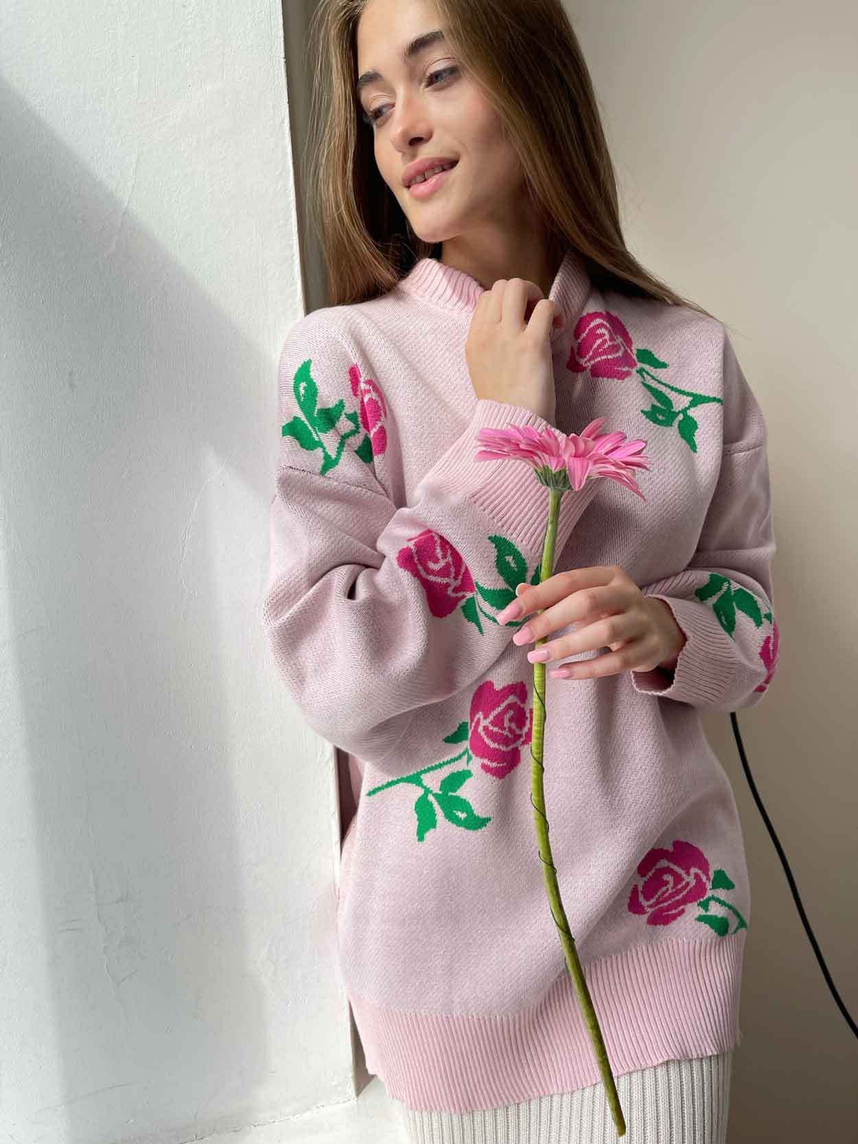 Adiffu Loose Colored Rose Crew-neck Sweater