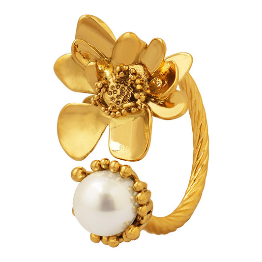 Adiffu Baroque Imitation Pearl Flower Shape Open Ring