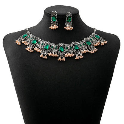 Adiffu Vintage Square Fringe Rice Bead Pendant Jewelry Set