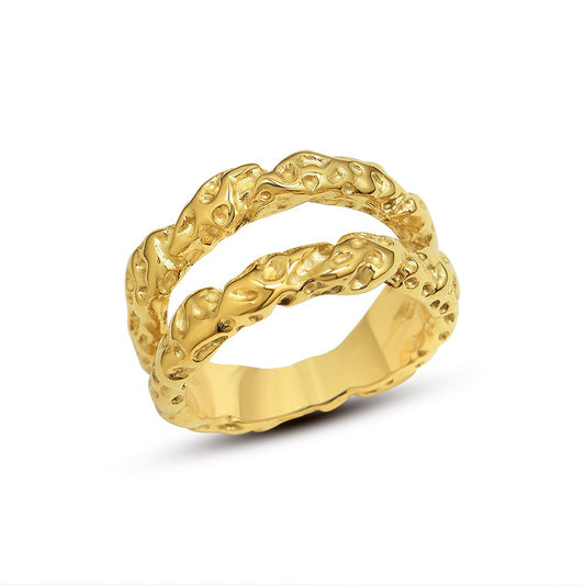 Adiffu 18K Gold Beat Tinfoil Textured Double Ring