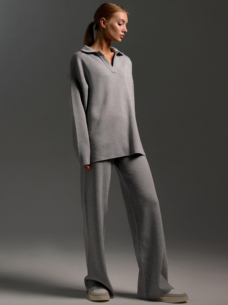 Adiffu Polo Neck Knit Pullover And Wide-leg Trousers