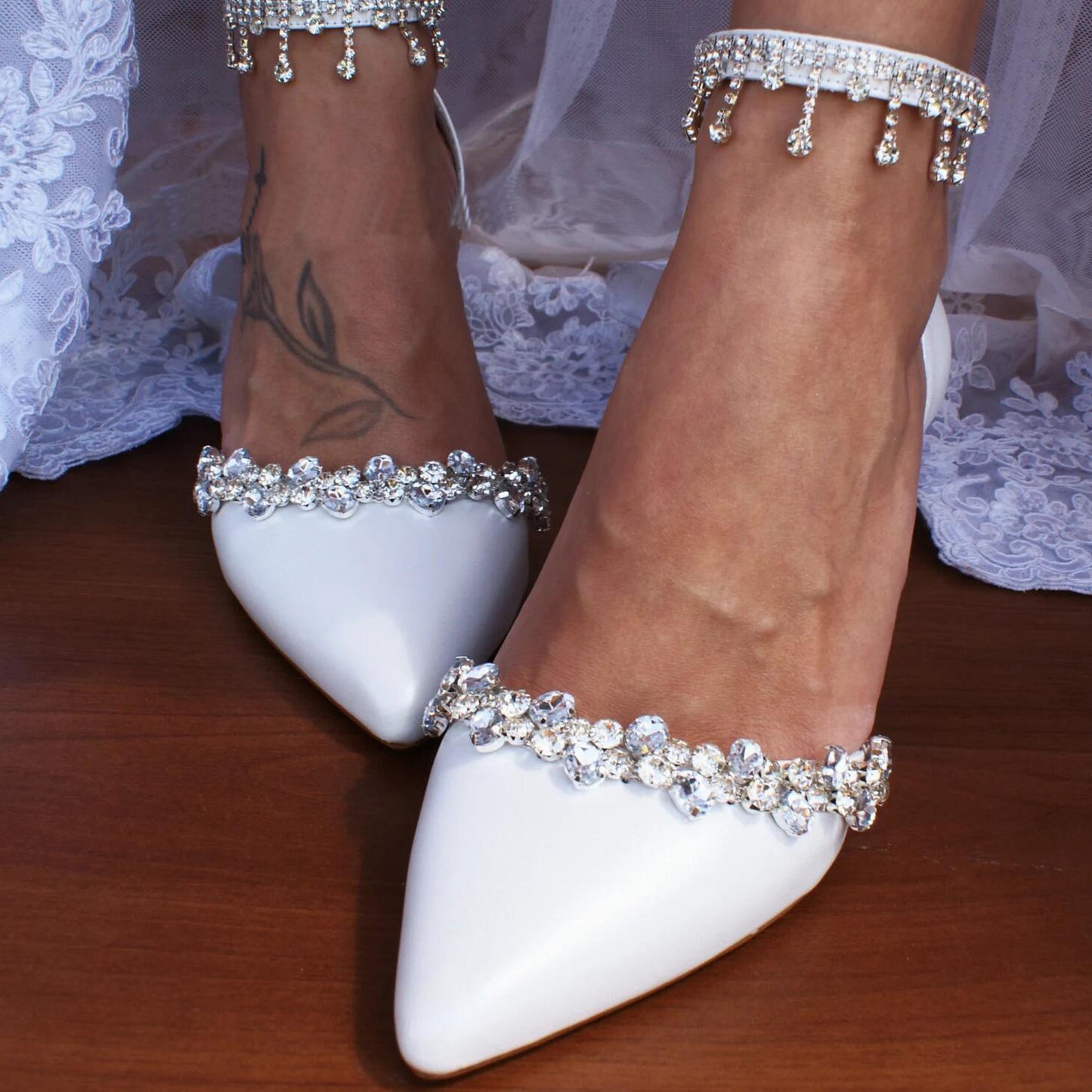 Adiffu Rhinestone Tassel Chunky Heels High-heeled Sandal Wedding Shoes