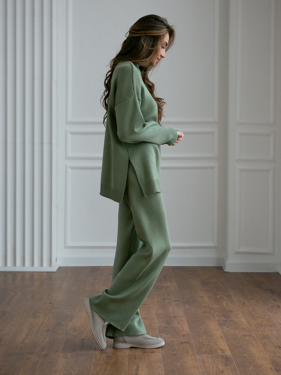 Adiffu Solid Color Knit Turtleneck Slit Sweater Set