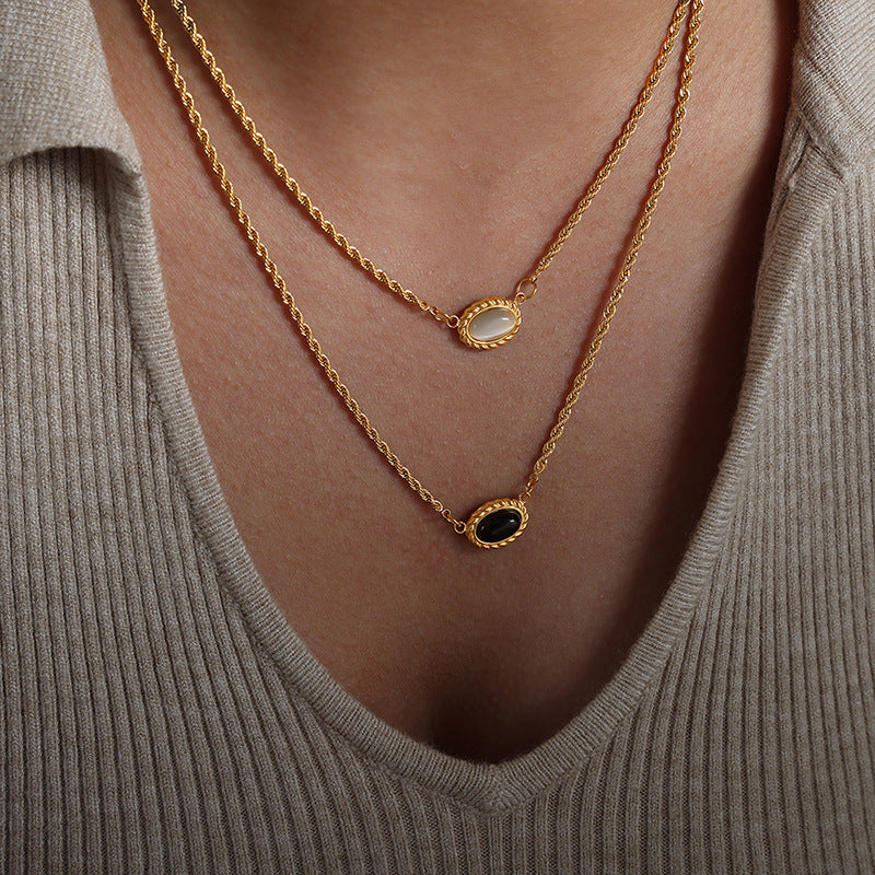 Adiffu Geometric Texture Oval Pendant Double Necklace