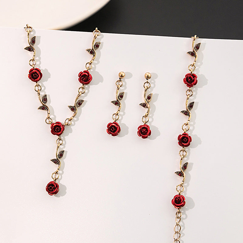 Adiffu Vintage Romantic Red Rose Jewelry Set