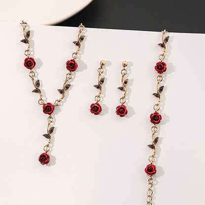 Adiffu Vintage Romantic Red Rose Jewelry Set