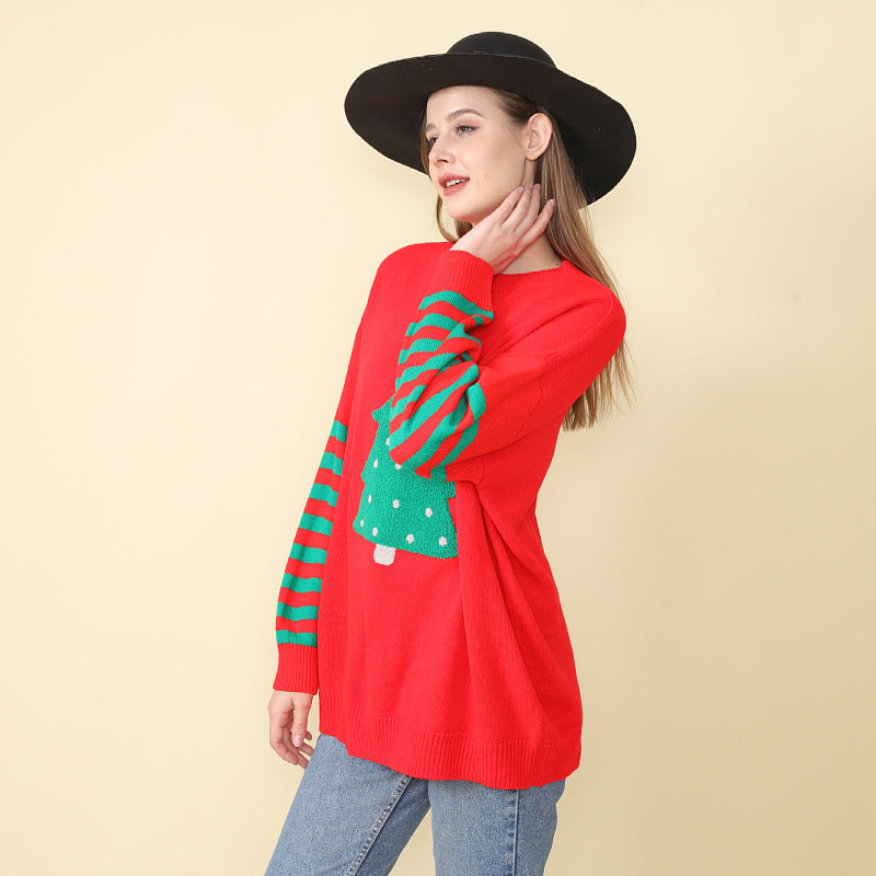 Adiffu Christmas Tree Crew Neck Pullover Knit Top