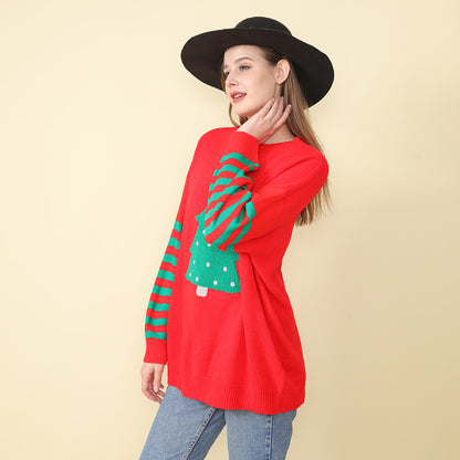 Adiffu Christmas Tree Crew Neck Pullover Knit Top