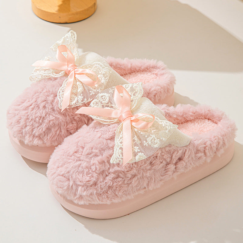 Adiffu Bow Indoor Warm Non-slip Plush Slippers