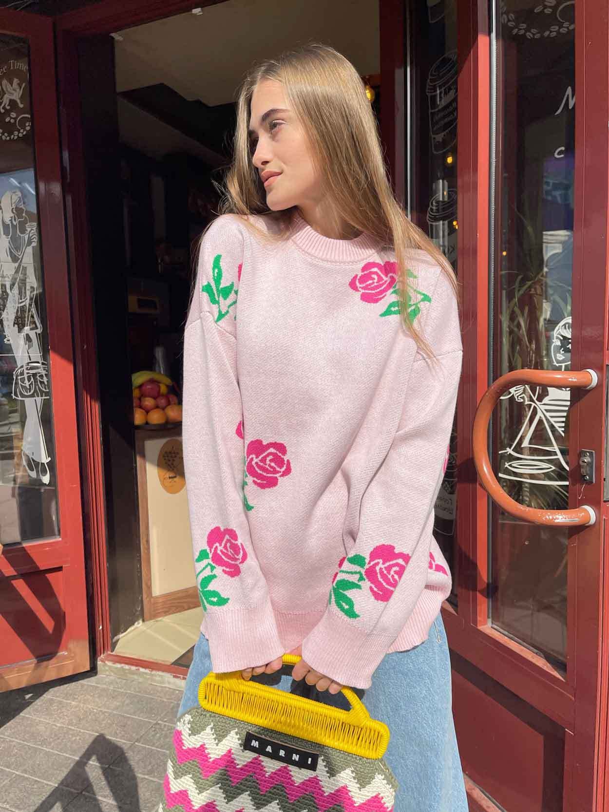 Adiffu Loose Colored Rose Crew-neck Sweater