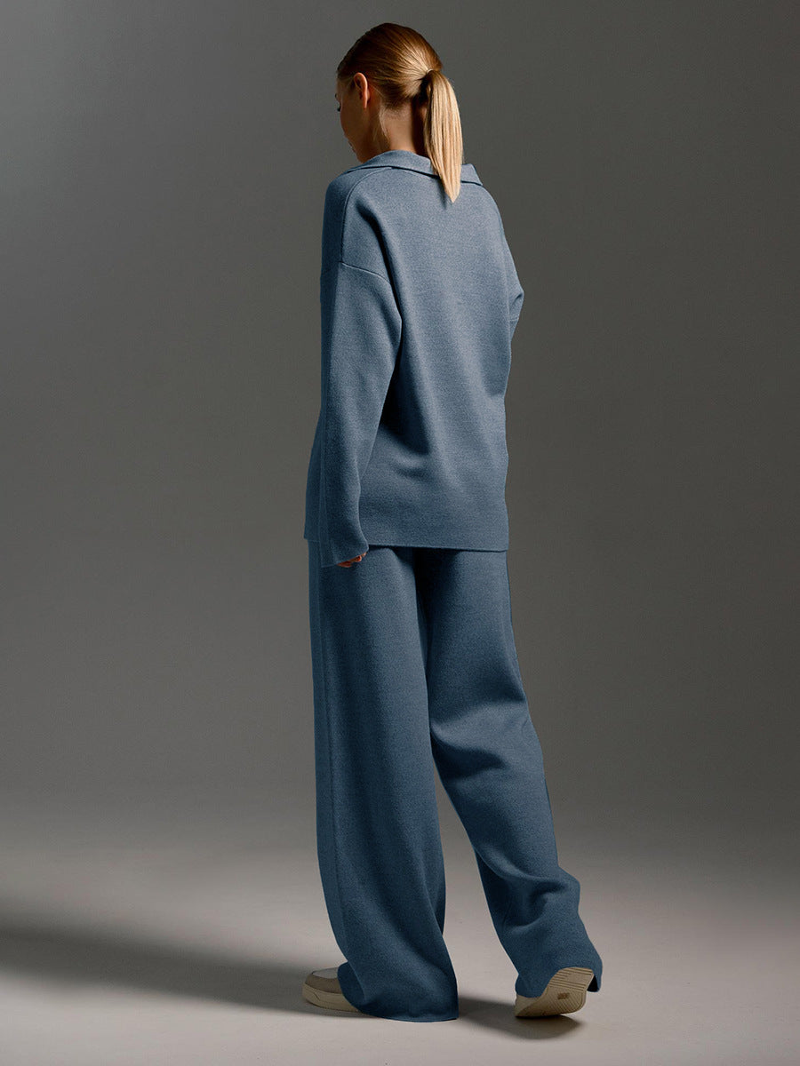 Adiffu Polo Neck Knit Pullover And Wide-leg Trousers