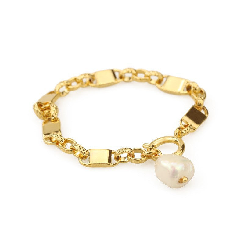Gold Simple Personality Thick Chain Natural Real Pearl Bracelet