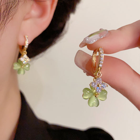 Adiffu Fresh Green Four-leaf Flower Zircon Earrings