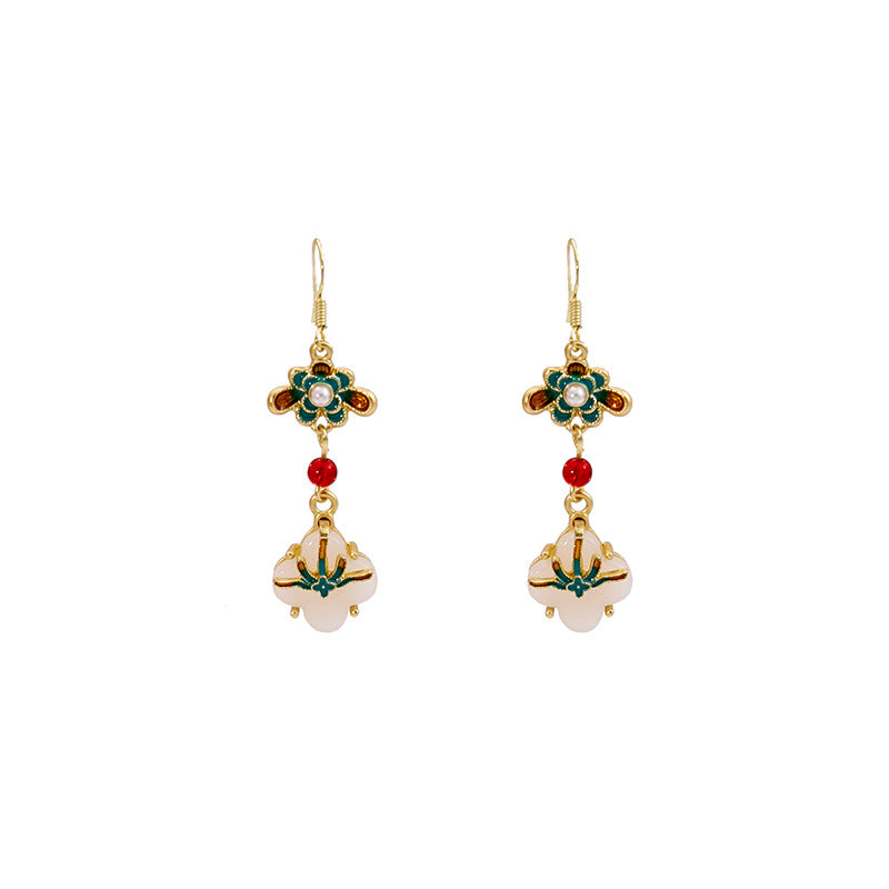 National Style Retro Imitation Jade Four-leaf Clover Earrings