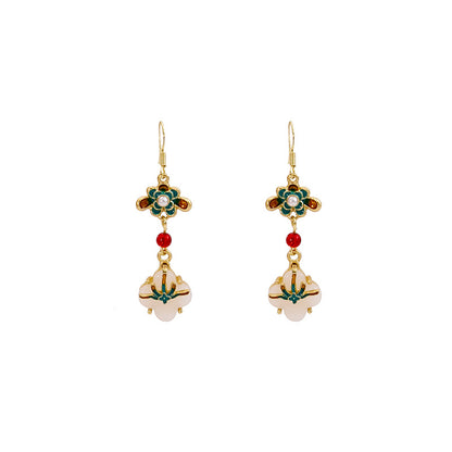 National Style Retro Imitation Jade Four-leaf Clover Earrings