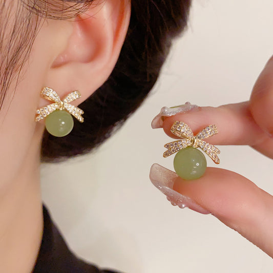 Fresh Zircon Bow Jade Bead Earrings