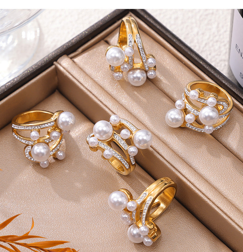 Adiffu Elegant 18K Gold Ring With Diamond And Imitation Pearl
