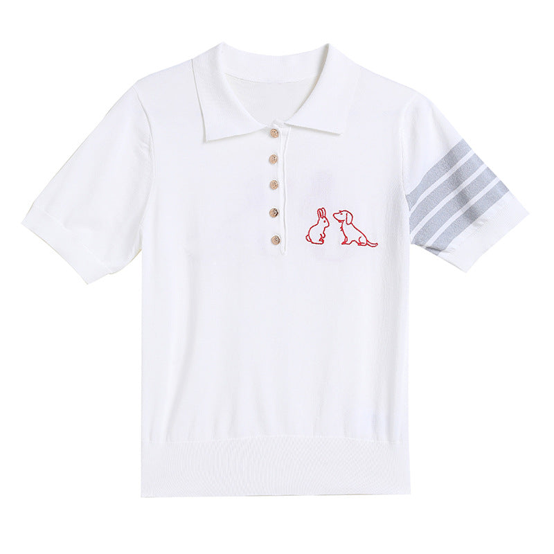 Preppy Style Lapel Short-sleeved T-shirt Knit
