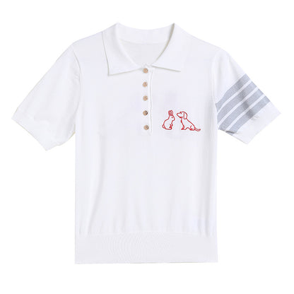 Preppy Style Lapel Short-sleeved T-shirt Knit