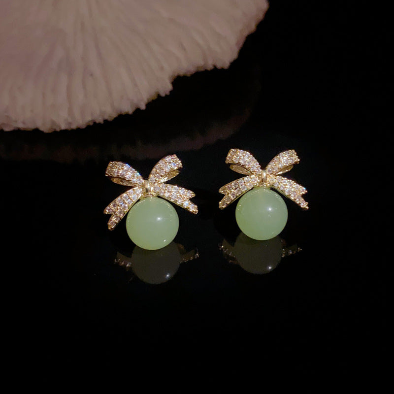 Fresh Zircon Bow Jade Bead Earrings