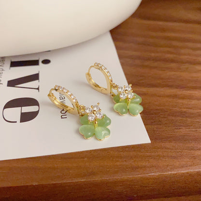 Adiffu Fresh Green Four-leaf Flower Zircon Earrings