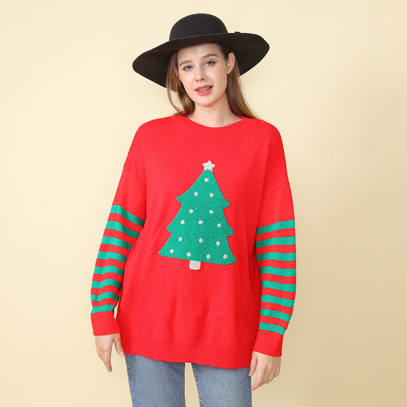 Adiffu Christmas Tree Crew Neck Pullover Knit Top