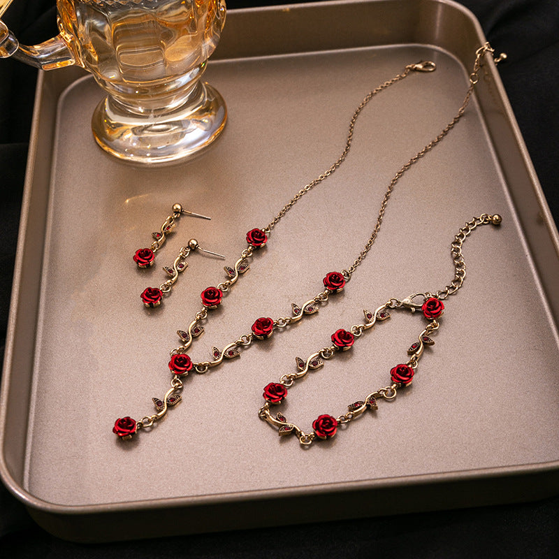 Adiffu Vintage Romantic Red Rose Jewelry Set