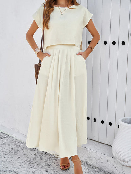 Adiffu Casual Sleeveless Top And Skirt Suit-Beige