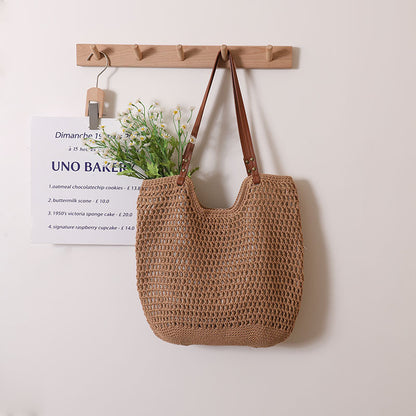 Adiffu Leisure Hollow Single Shoulder Cotton Woven Bag Portable Straw Woven Bag Seaside Holiday Beach Bag Women's Bag