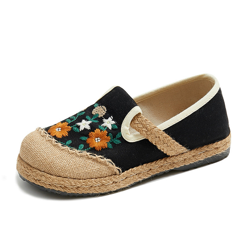 Adiffu Women's Flat Low Top Embroidered Flats Linen Casual Shoes Embroidered Shoes