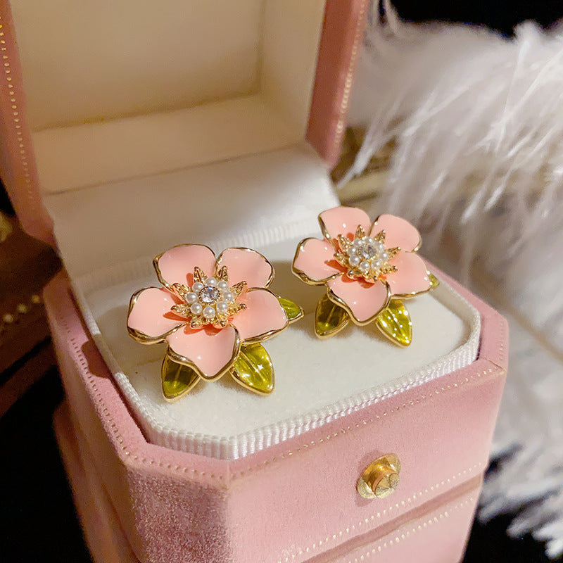 Fresh Sweet Pink Dripping Pearl Flower Stud Earrings