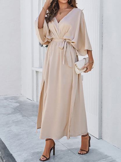 Adiffu Elegant V-Neck Loose Dress-Champagne