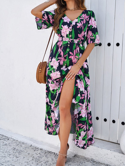 Spring/Summer Holiday Casual Print Slit Dress