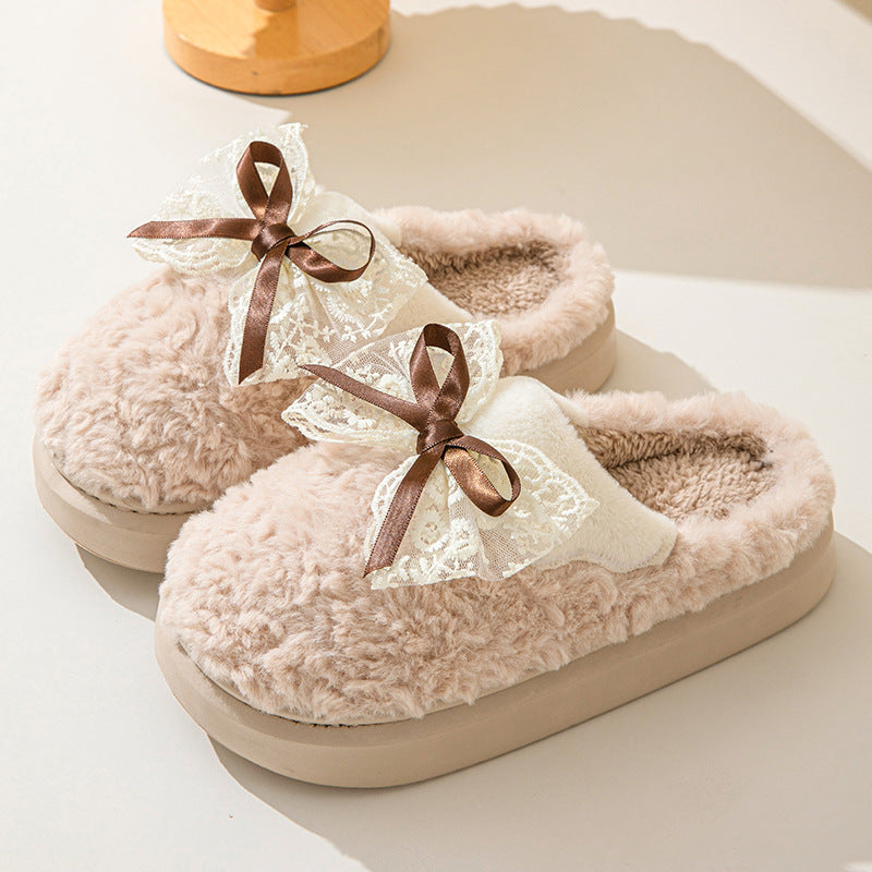 Adiffu Bow Indoor Warm Non-slip Plush Slippers