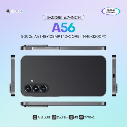 4G network new popular wireless charging A56 phone 3+32GB 6.75-inch Android smartphone