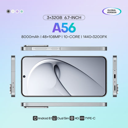 4G network new popular wireless charging A56 phone 3+32GB 6.75-inch Android smartphone