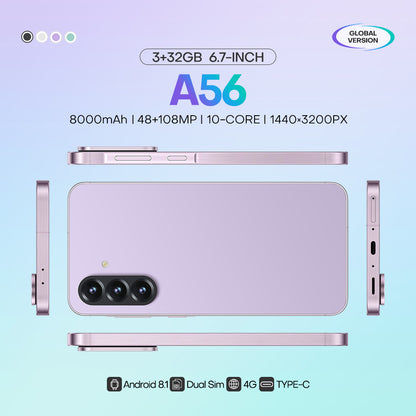 4G network new popular wireless charging A56 phone 3+32GB 6.75-inch Android smartphone