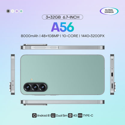 4G network new popular wireless charging A56 phone 3+32GB 6.75-inch Android smartphone