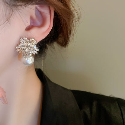 Adiffu Diamond And Flower Pearl Earrings