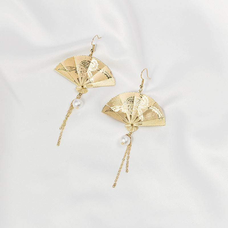 Vintage Carved Fan Folding Fan Pearl Earrings