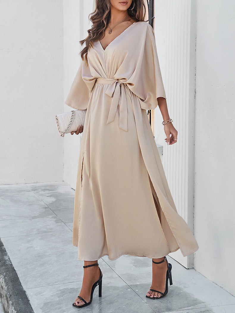 Adiffu Elegant V-Neck Loose Dress-Champagne