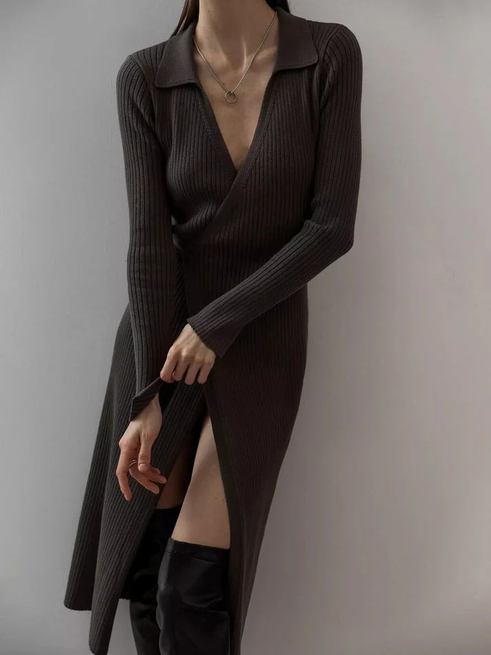 Adiffu POLO Collar Long-sleeved Lace-up Sweater Dress