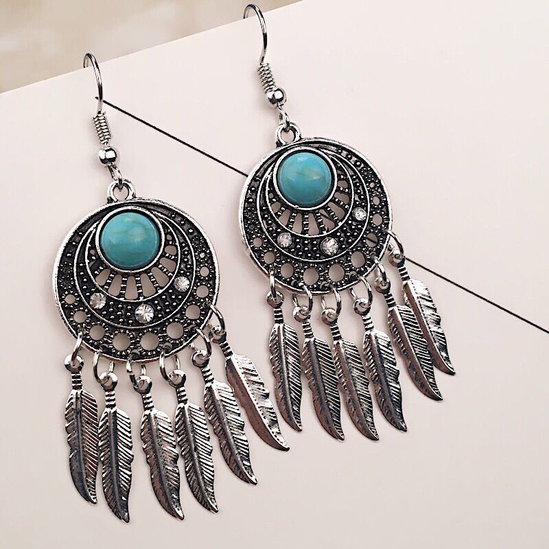 Adiffu Vintage Dreamcatcher Leaf Tassel Earrings
